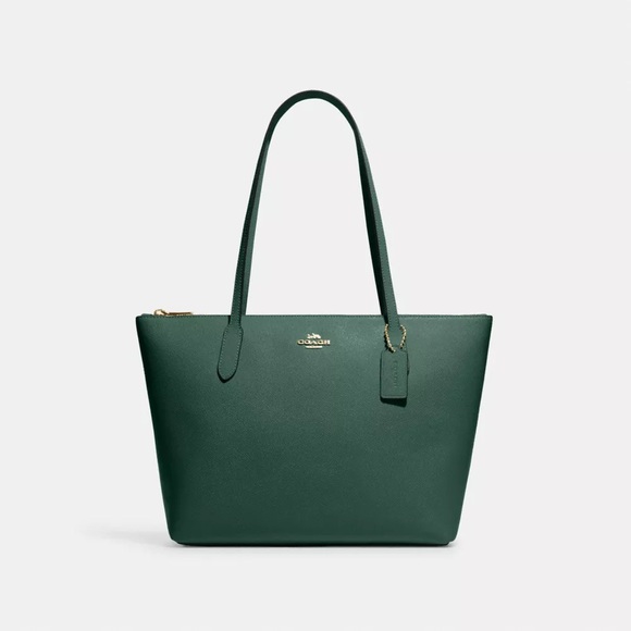 Coach Dark Green Crossgrain Leather Zip Top Caryall Tote Bag 4454 NWT - Picture 6 of 12